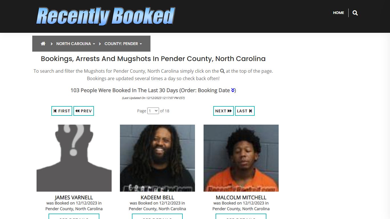 Bookings, Arrests and Mugshots in Pender County, North Carolina