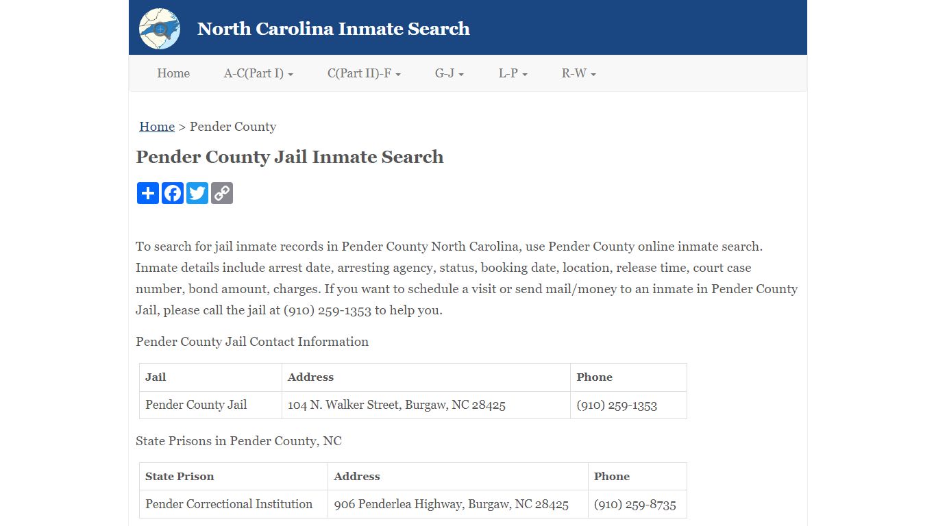 Pender County Jail Inmate Search